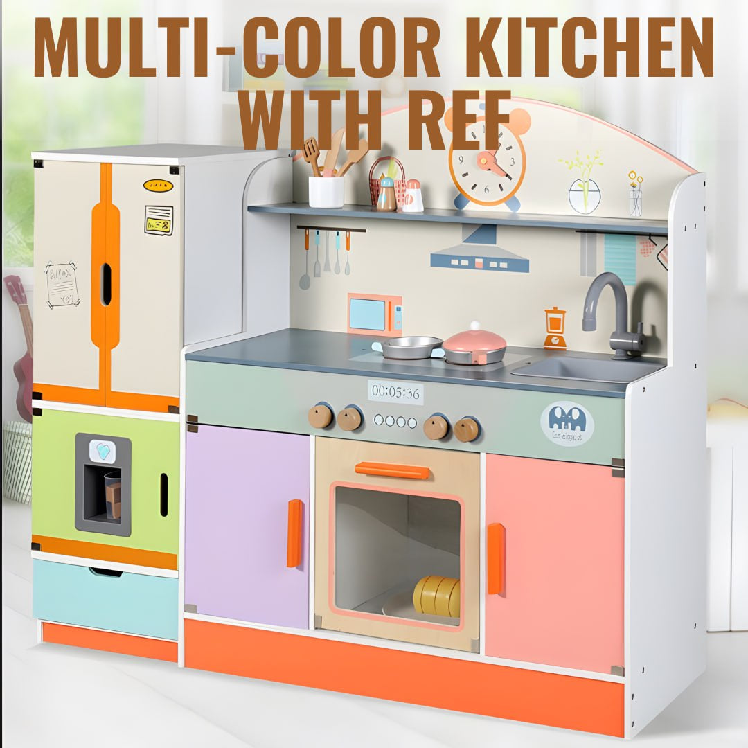 Wooden Multi-Colored Kitchen with Refrigerator for Kids Pretend Play b –  Wishland, image size:1080x1080