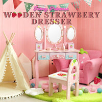 Wooden Strawberry Dresser Vanity Table & Chair Pretend Play Vanity Set for Little Girls by WISHLAND