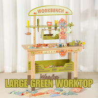 Wooden Large Green Worktop Tool Bench with Realistic Accessories for Kids Pretend Play by WISHLAND