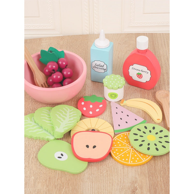 Wooden Food Breakfast Snack Frech Fries Vegetable & Fruit Salad Play Set by WISHLAND