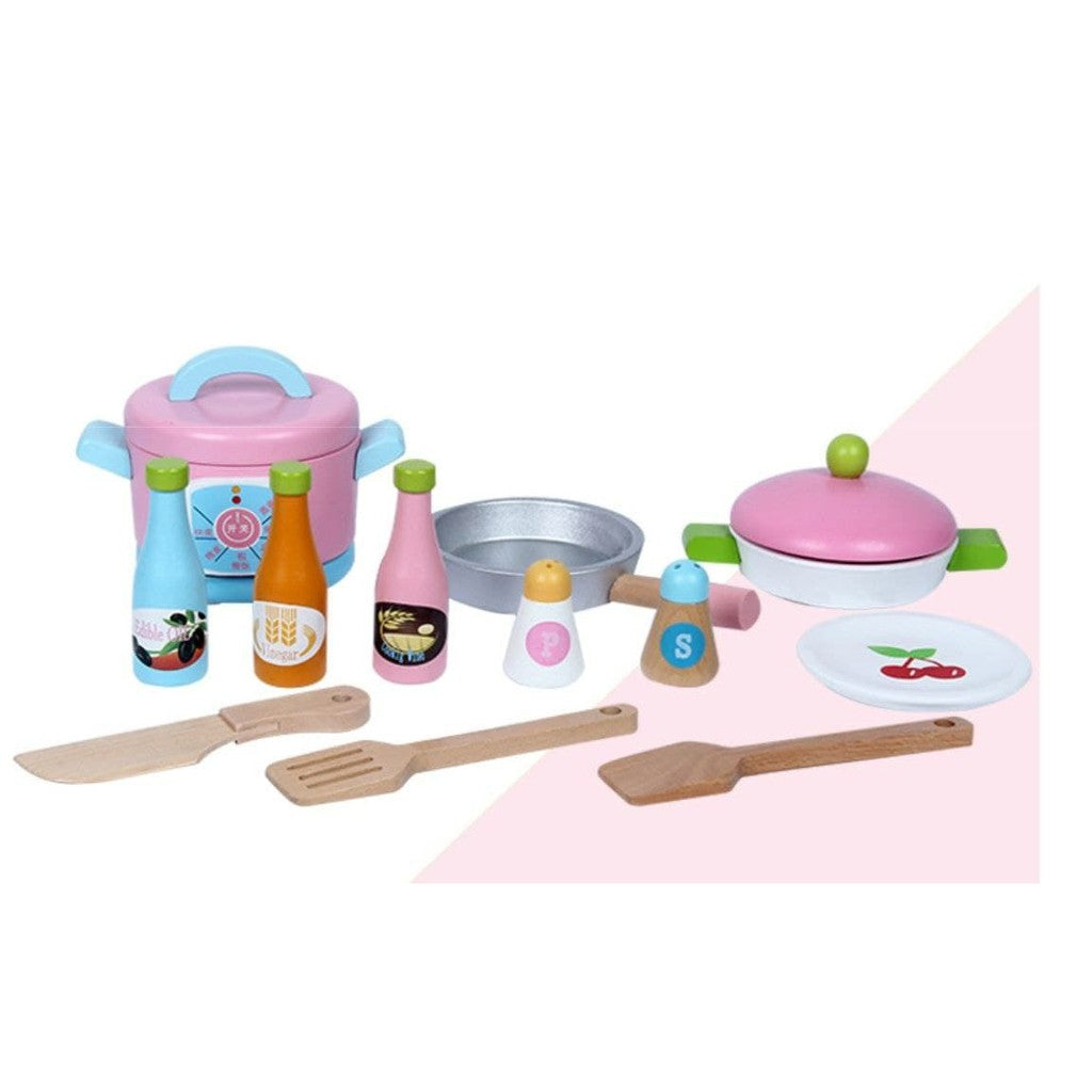 Wooden Japanese Pink Kitchen Pretend Play Set Cooking Playset by WISHLAND