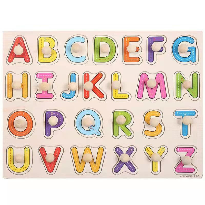 Wooden Puzzle with Handle Alphabet Numbers Animals Transport Fruit Montessori Toys by WISHLAND