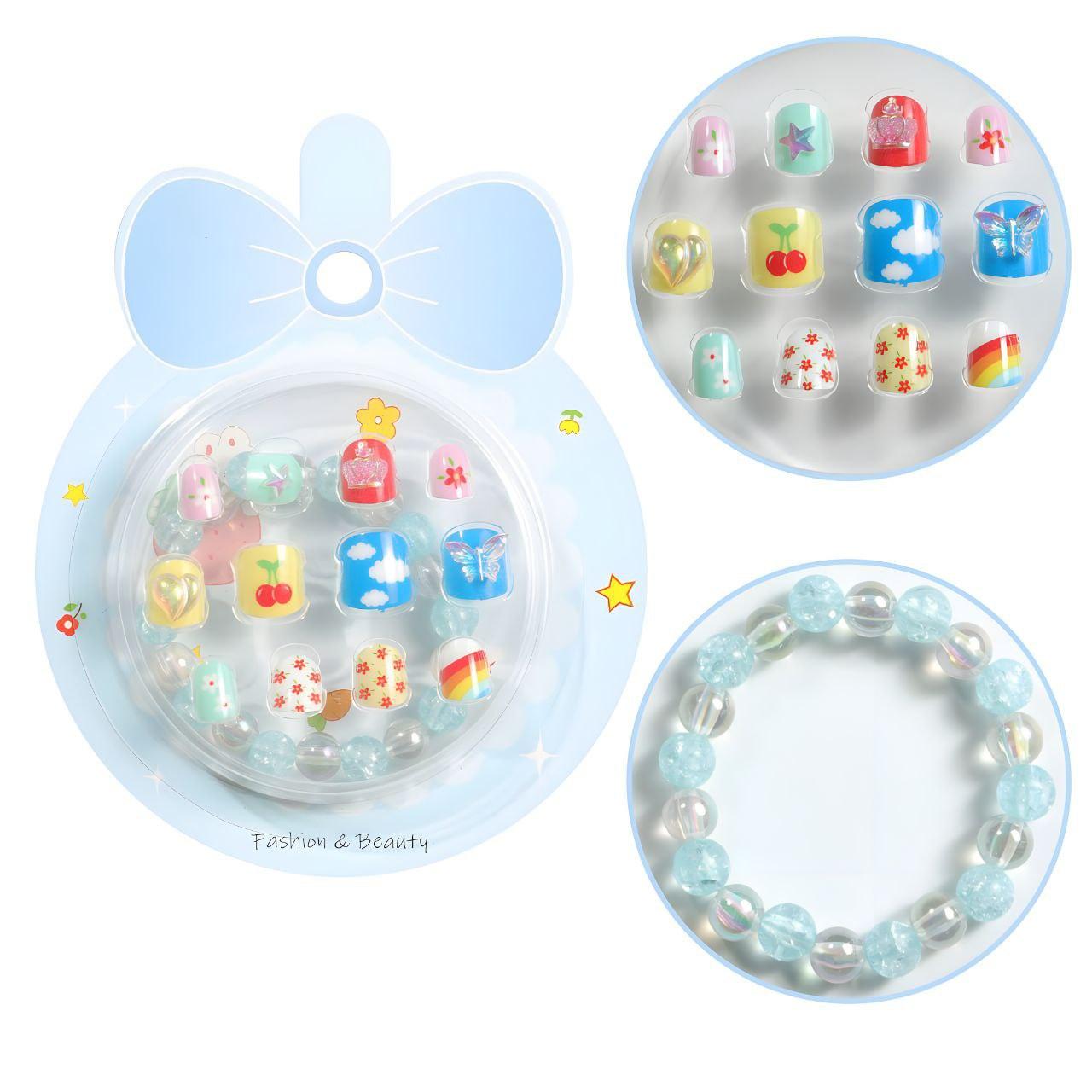 3pcs Cute Self Adhesive Press On Fake Nails with Bracelet for Kids Fashion Pretend Play by WISHLAND