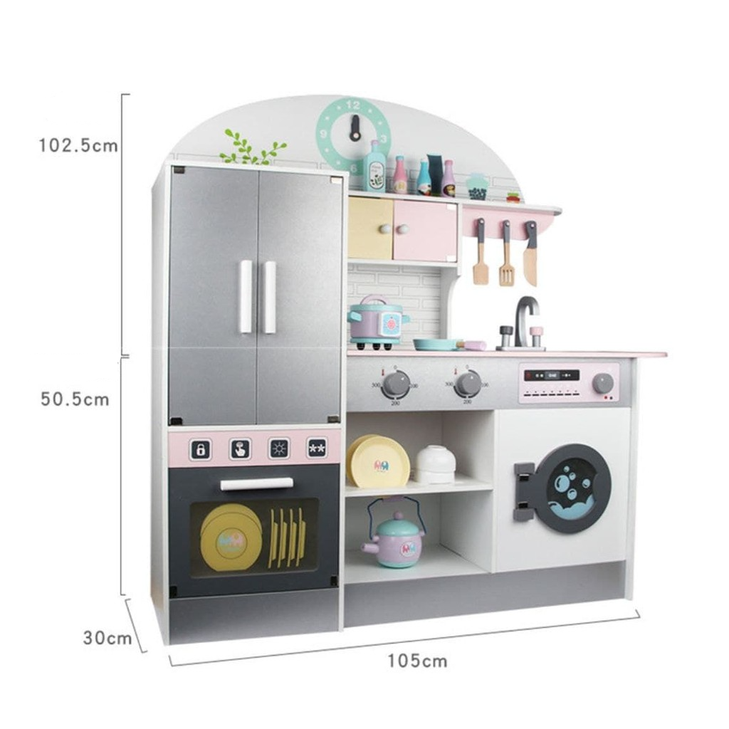 Wooden Japanese Gray Kitchen with Ref Pretend Play Set for Kids by WISHLAND