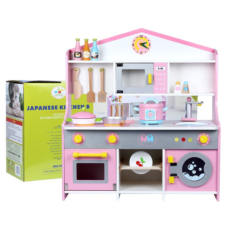 Wooden Japanese Pink Kitchen Pretend Play Set Cooking Playset by WISHLAND