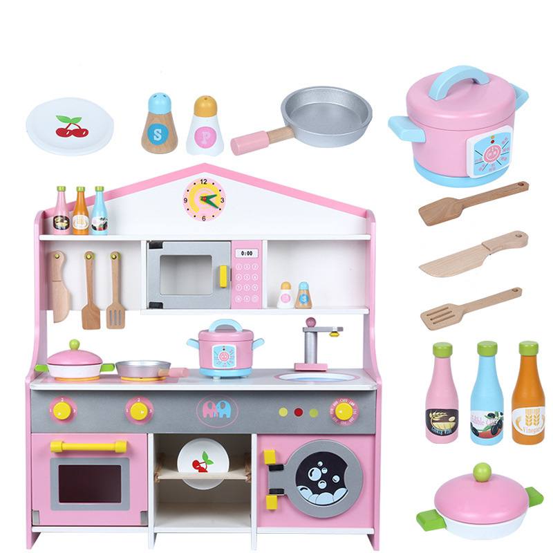 Wooden Japanese Pink Kitchen Pretend Play Set Cooking Playset by WISHLAND