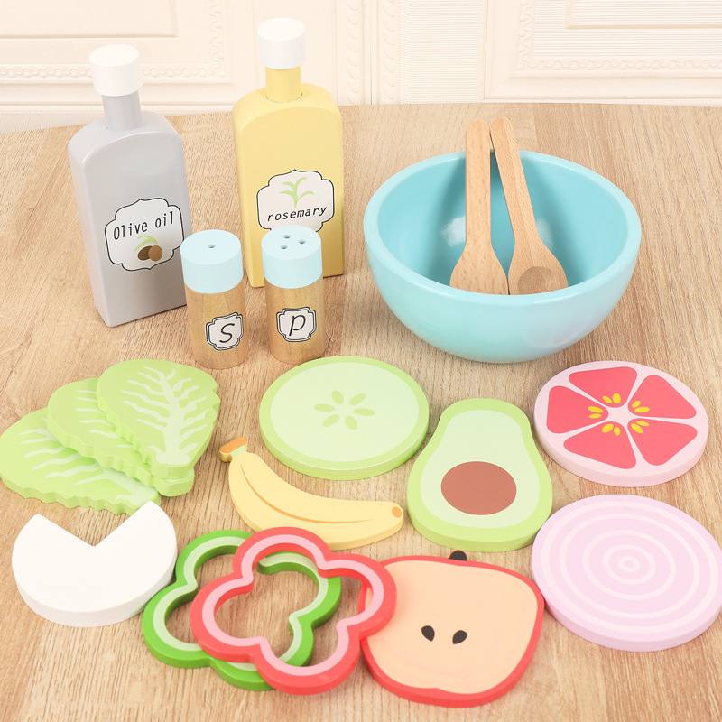 Wooden Food Breakfast Snack Frech Fries Vegetable & Fruit Salad Play Set by WISHLAND