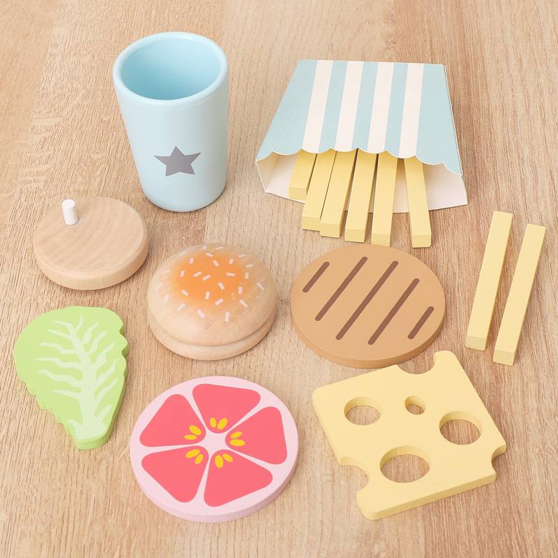 Wooden Food Breakfast Snack Frech Fries Vegetable & Fruit Salad Play Set by WISHLAND