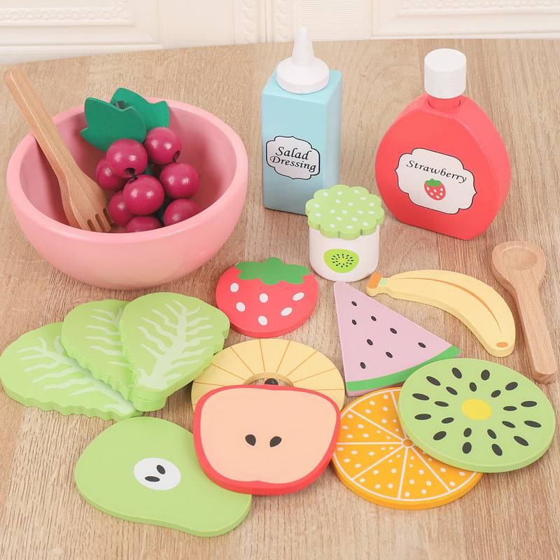 Wooden Food Breakfast Snack Frech Fries Vegetable & Fruit Salad Play Set by WISHLAND