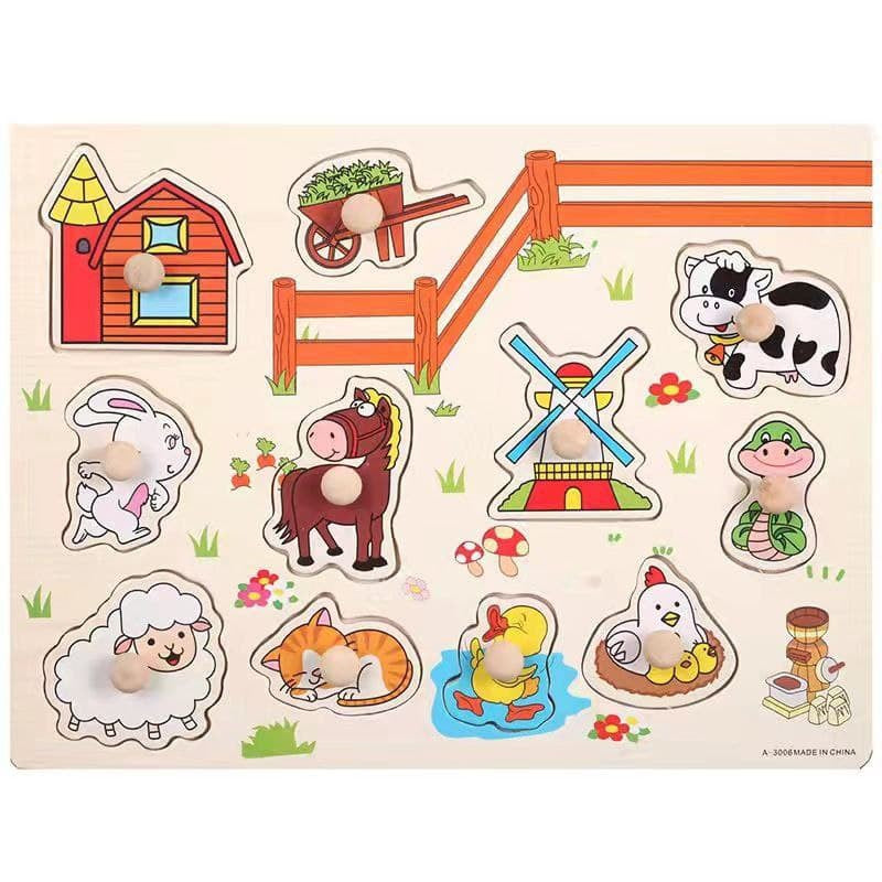 Wooden Puzzle with Handle Alphabet Numbers Animals Transport Fruit Montessori Toys by WISHLAND