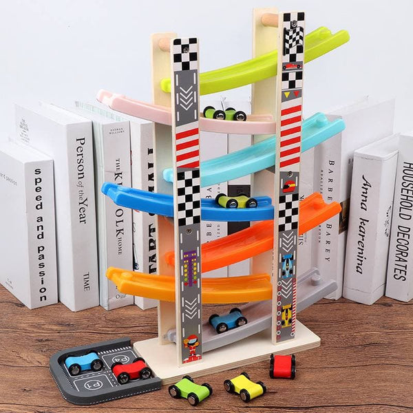 Wooden 7 Layer Rail Glider Ramp Racing Cars for Kids with 8 Cars by WISHLAND