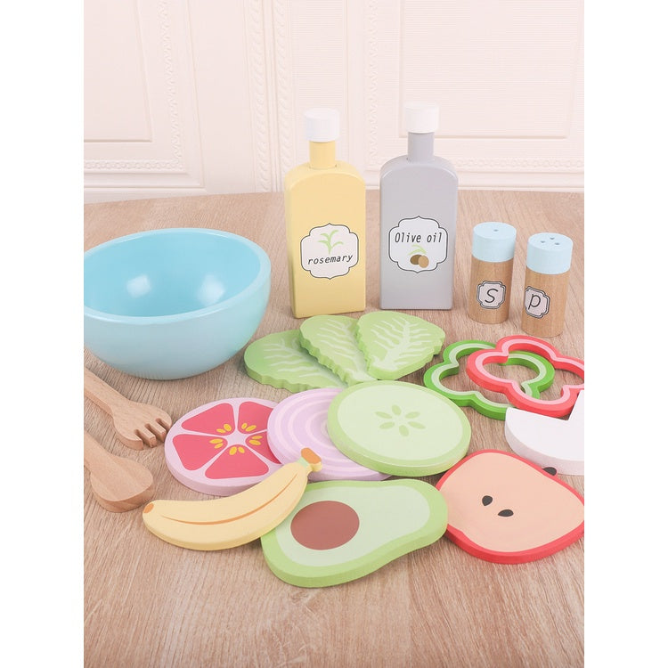 Wooden Food Breakfast Snack Frech Fries Vegetable & Fruit Salad Play Set by WISHLAND