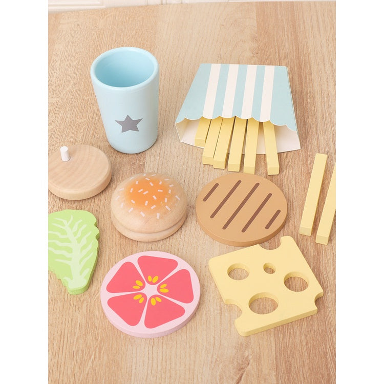 Wooden Food Breakfast Snack Frech Fries Vegetable & Fruit Salad Play Set by WISHLAND