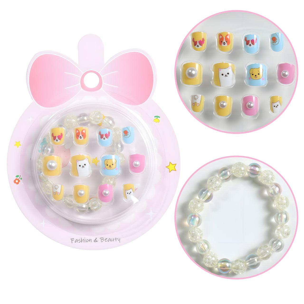 3pcs Cute Self Adhesive Press On Fake Nails with Bracelet for Kids Fashion Pretend Play by WISHLAND