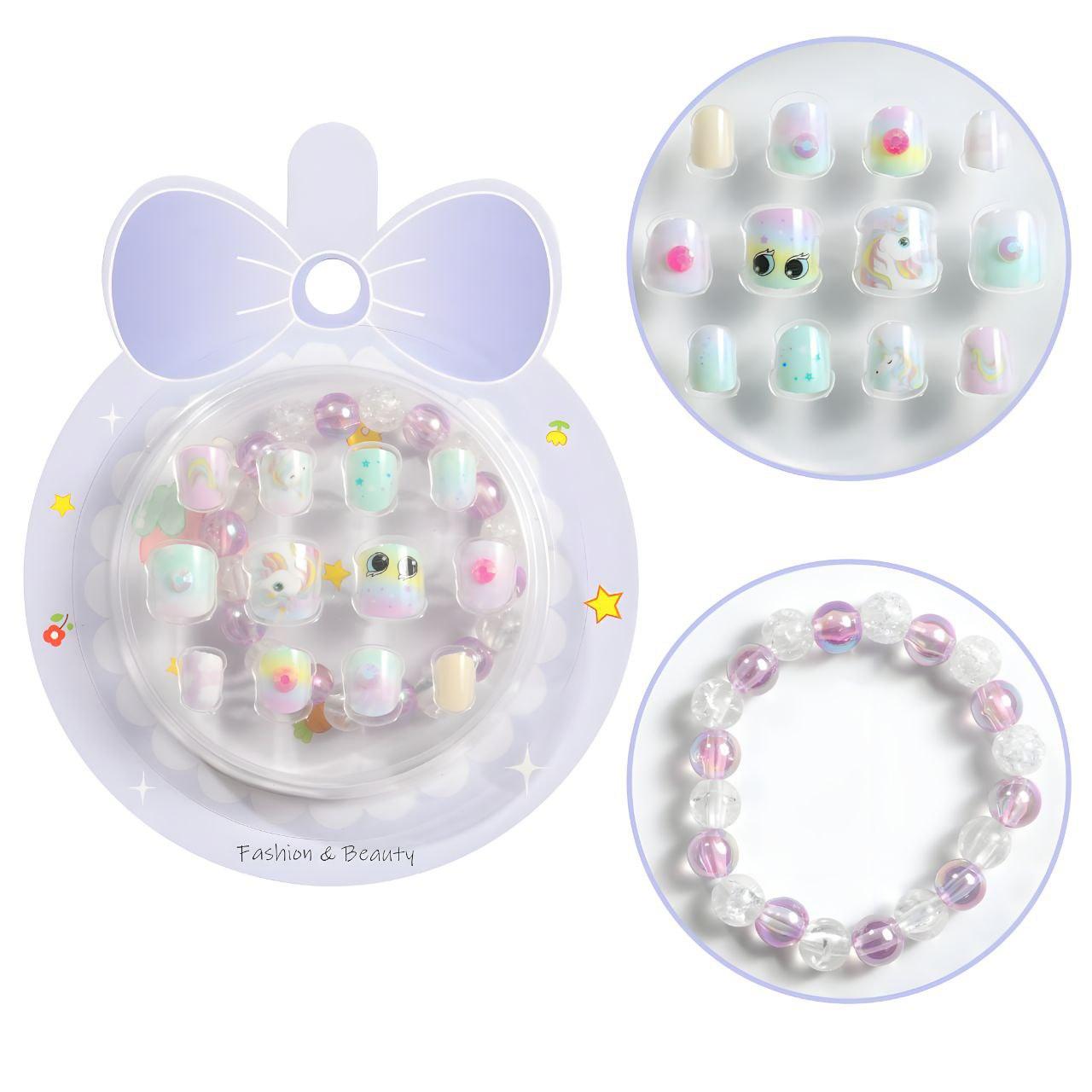 3pcs Cute Self Adhesive Press On Fake Nails with Bracelet for Kids Fashion Pretend Play by WISHLAND