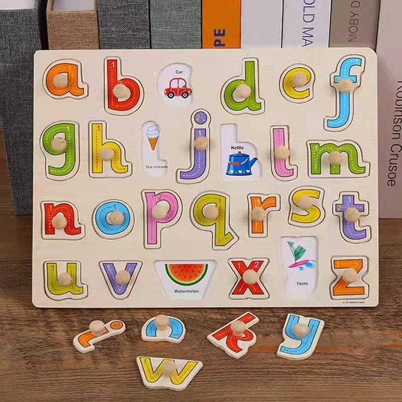 Wooden Puzzle with Handle Alphabet Numbers Animals Transport Fruit Montessori Toys by WISHLAND