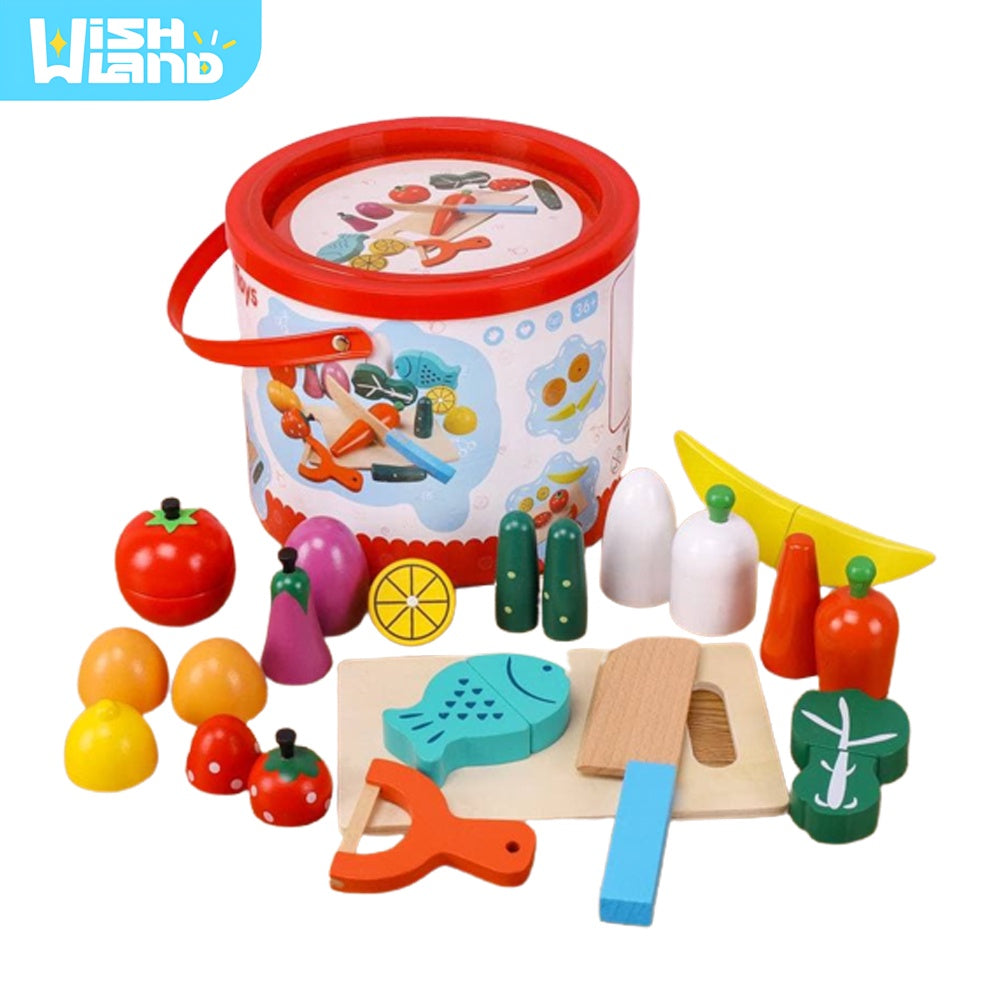 Wooden Play Cutting Food Vegetables and Fruit Pretend Play Early Children Toys by WISHLAND