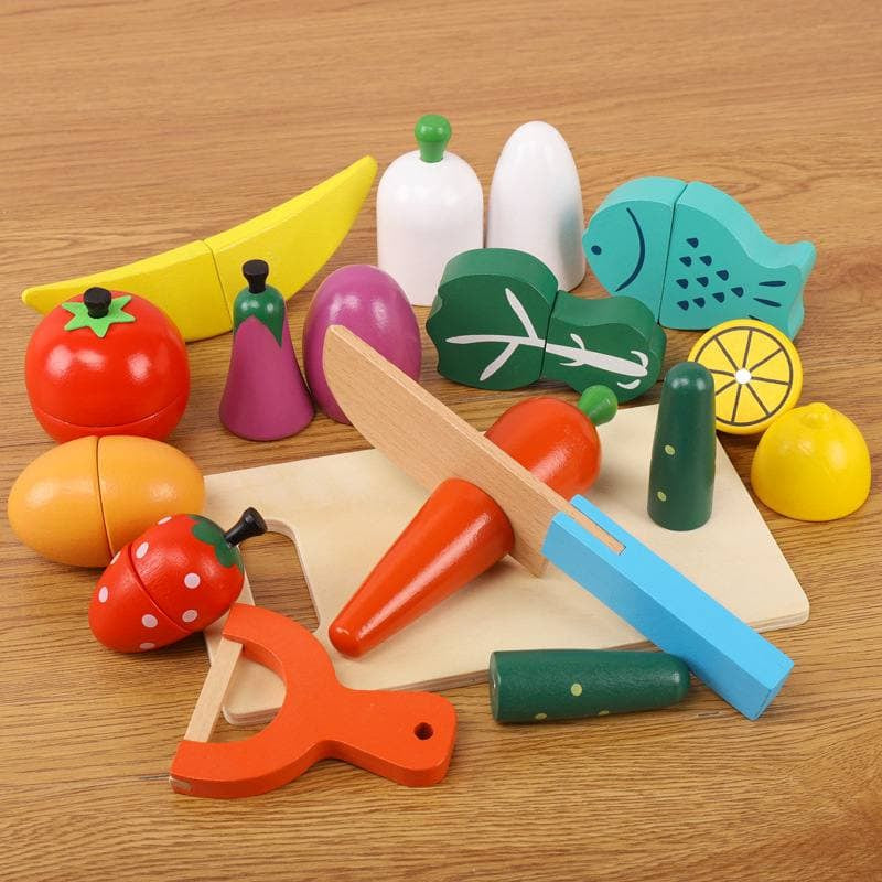 Wooden Play Cutting Food Vegetables and Fruit Pretend Play Early Children Toys by WISHLAND