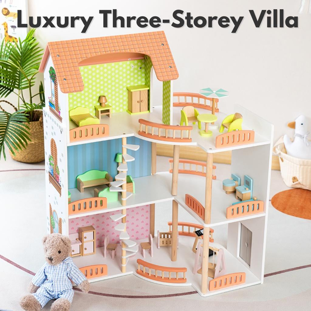 Wooden Luxury Three Storey Villa Wooden Dollhouse for Girls Pretend Play by WISHLAND