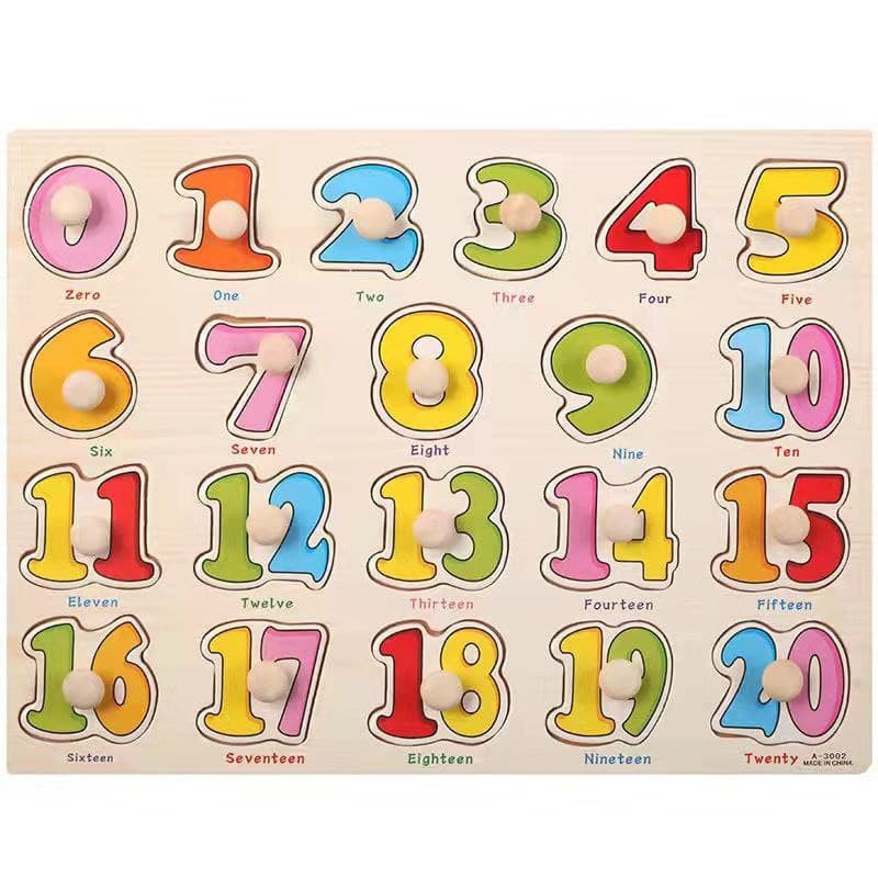 Wooden Puzzle with Handle Alphabet Numbers Animals Transport Fruit Montessori Toys by WISHLAND