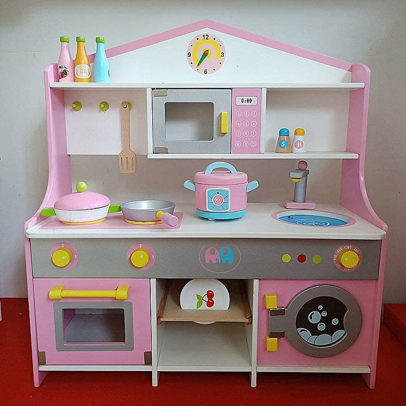 Wooden Japanese Pink Kitchen Pretend Play Set Cooking Playset by WISHLAND