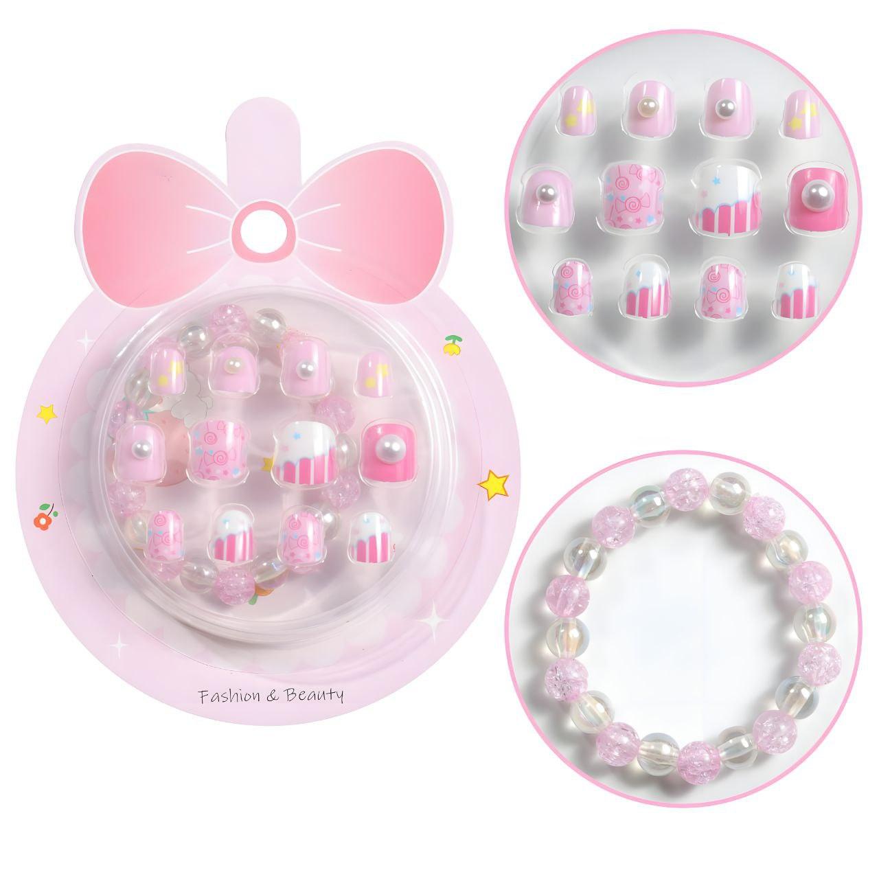 3pcs Cute Self Adhesive Press On Fake Nails with Bracelet for Kids Fashion Pretend Play by WISHLAND