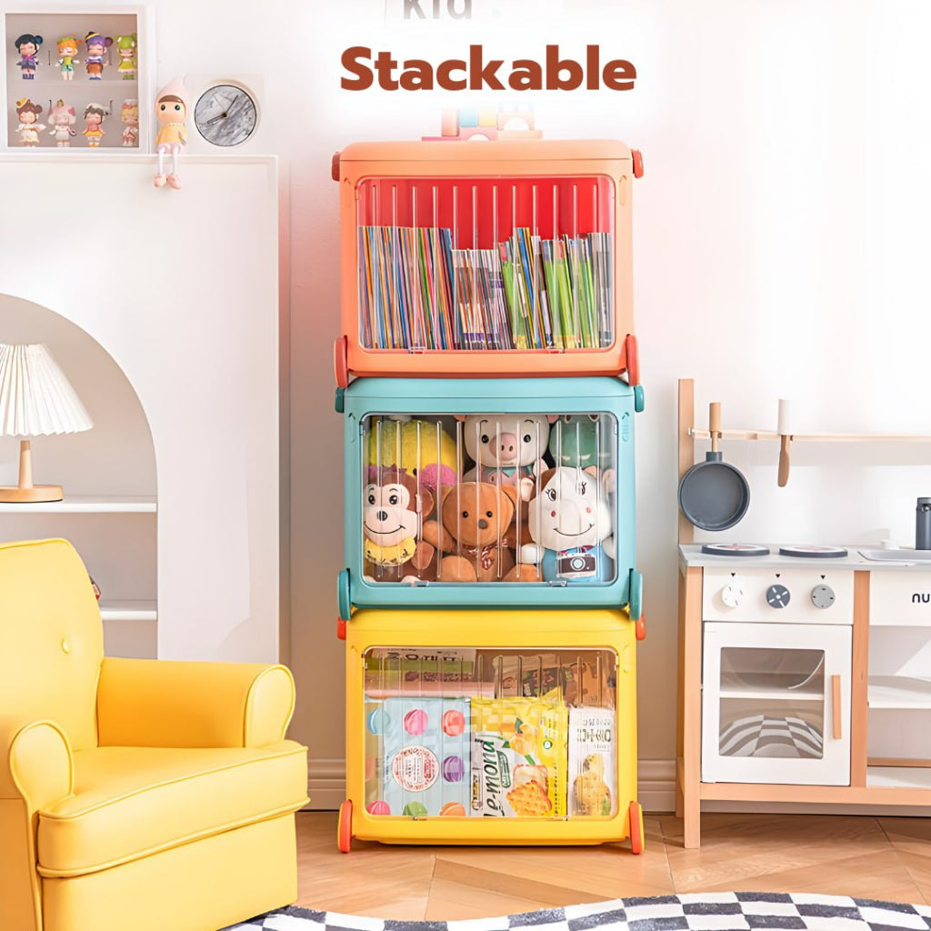 Colored Stackable Folding Storage Box with Wheels for Kids Room Space Saving by WISHLAND