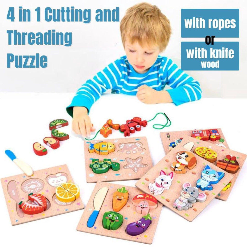 Wooden 4 in 1 Cutting and Threading Puzzle for Kids Montessory Toys by WISHLAND