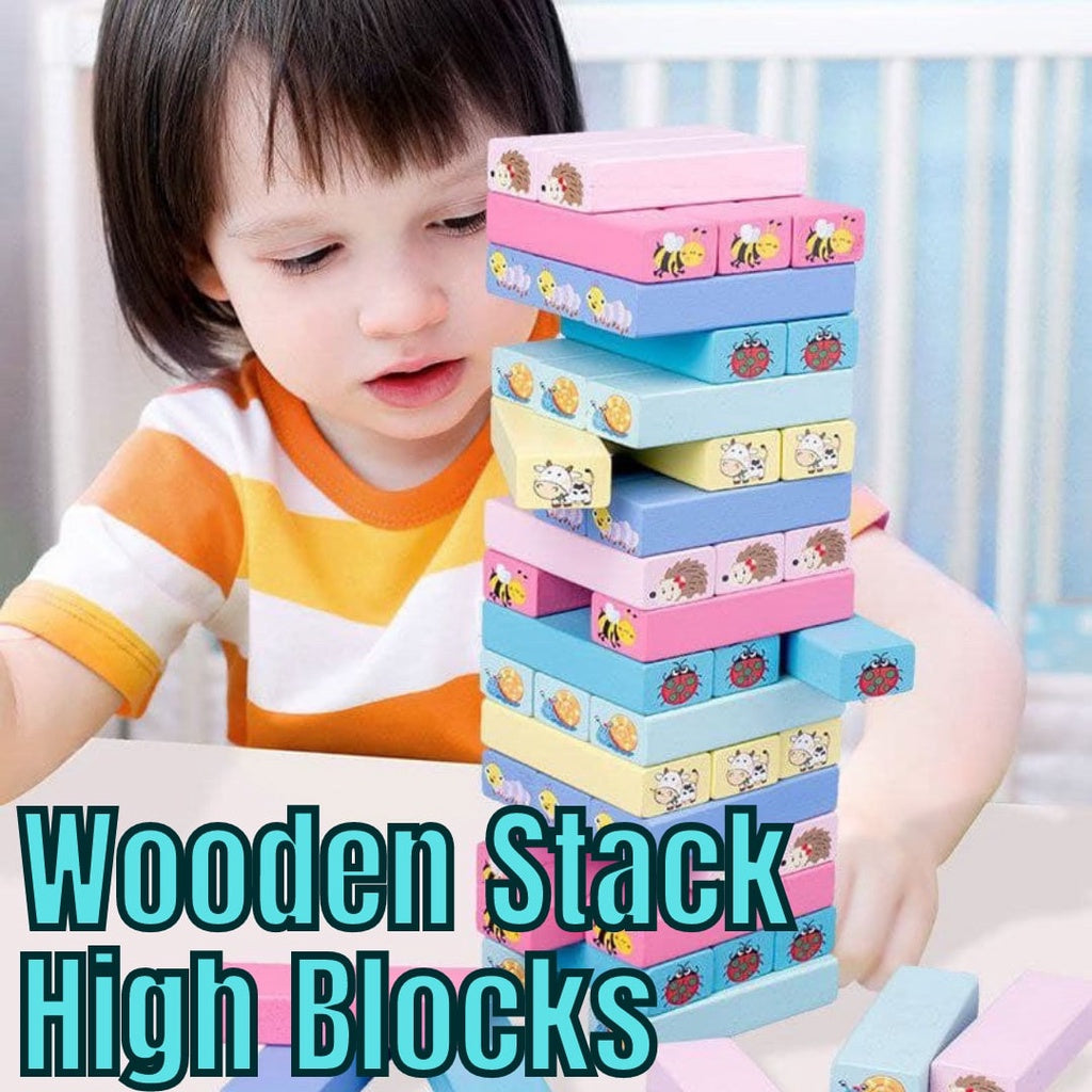 Wooden Stack High Blocks 51pcs Pastel Color Jenga Toy for Kids by WISHLAND