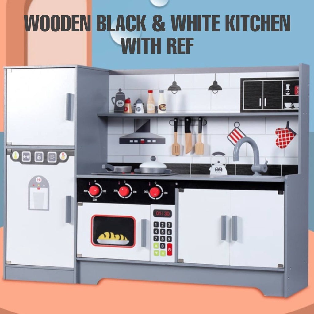 Wooden Black & White Kitchen with Refrigerator Pretend Play Set for Kids by WISHLAND