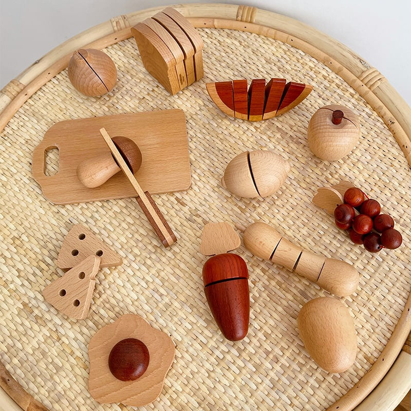 KIENVY Natural Wood Vegetable Cutting 30 Pieces Food Cutting Pretend Play for Kids by WISHLAND