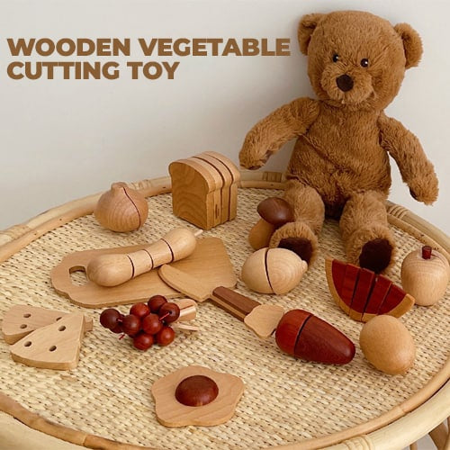 KIENVY Natural Wood Vegetable Cutting 30 Pieces Food Cutting Pretend Play for Kids by WISHLAND