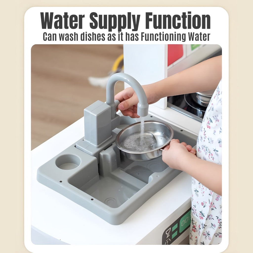 Wooden 3 in 1 Kitchen Set with Real Water Sink and Ref Pretend Play for Kids by WISHLAND