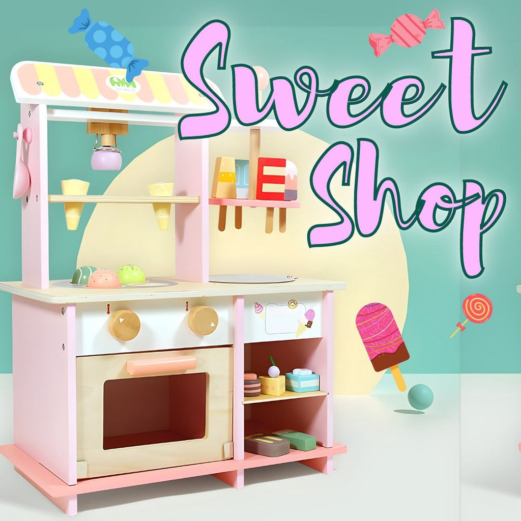 Wooden Ice Cream and Dessert Pretend Food Stand for Kids by WISHLAND