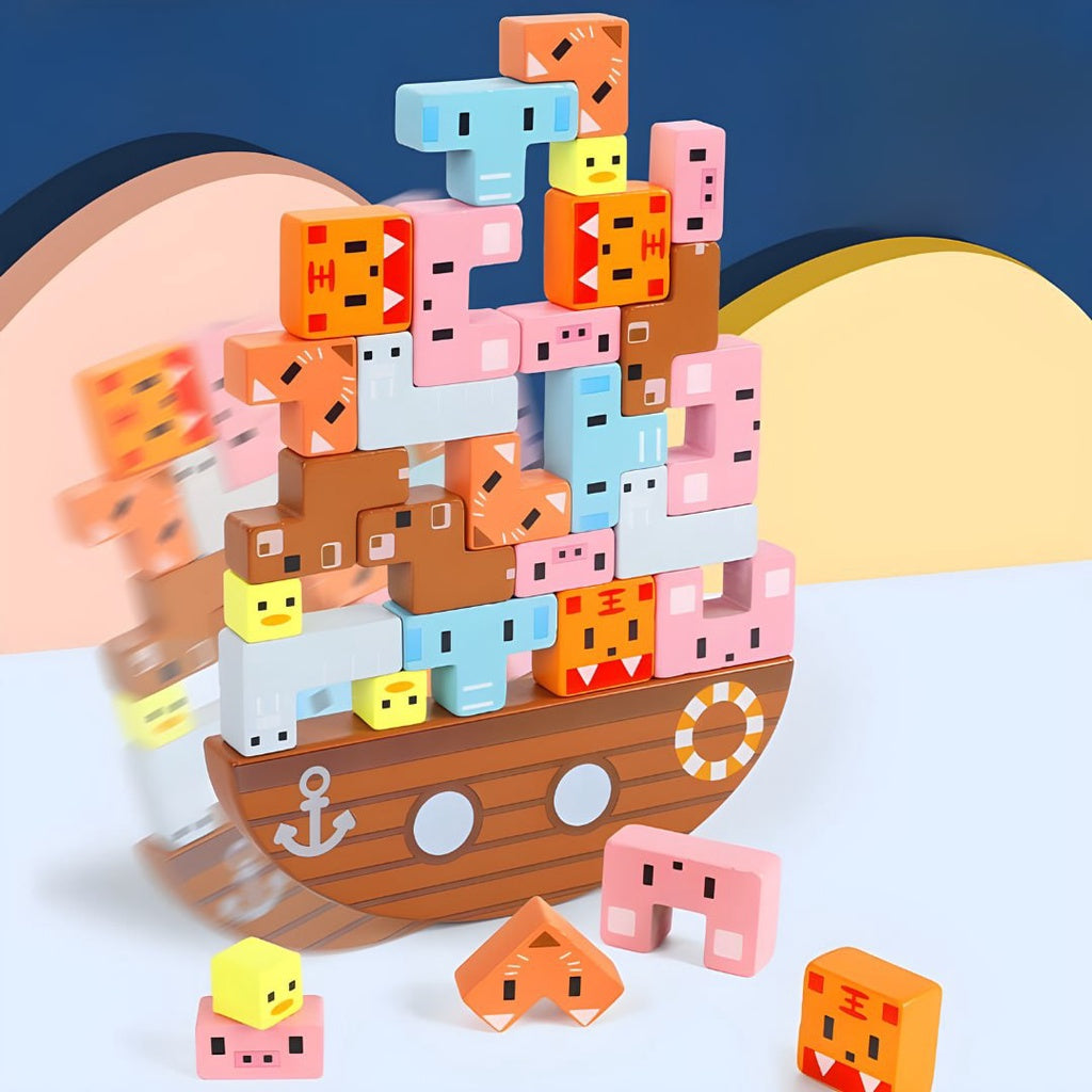 Boat Balance Wooden Tetris Animal Design Stacking Game for Kids by WISHLAND