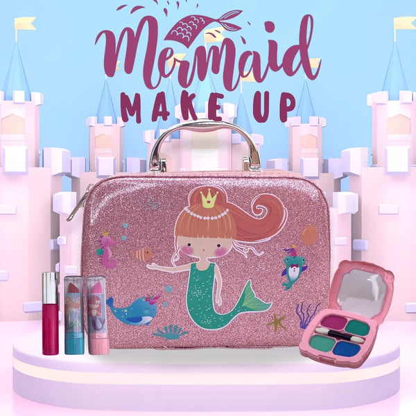 Mermaid Washable Girls Make Up Toy Set with Carry Bag for Kids Pretend Play by WISHLAND