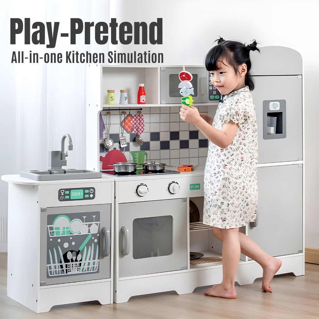 Wooden 3 in 1 Kitchen Set with Real Water Sink and Ref Pretend Play for Kids by WISHLAND