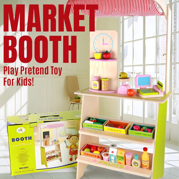 Wooden Market Booth Grocery Store Playset with Cash Register Pretend Play for Kids by WISHLAND