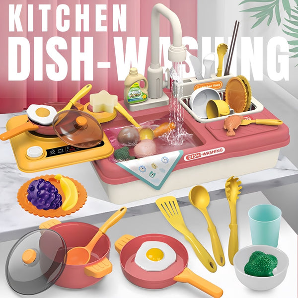 Kitchen Dish Washing Play Set with Running Water Kitchen Sink Toy for Kids by WISHLAND