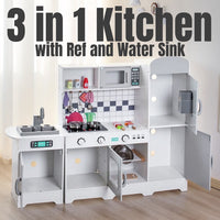 Wooden 3 in 1 Kitchen Set with Real Water Sink and Ref Pretend Play for Kids by WISHLAND