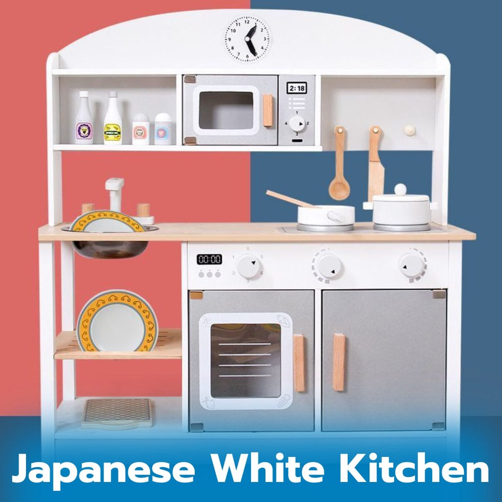 Wooden Japanese Style White Kitchen Pretend Play Cooking Playset for Kids by WISHLAND