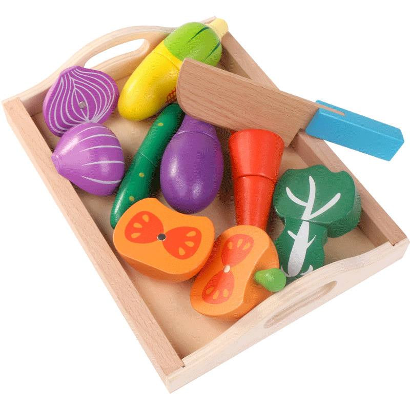 Wooden Cutting with Tray Food Sets Toys for Kids Pretend Play by WISHLAND