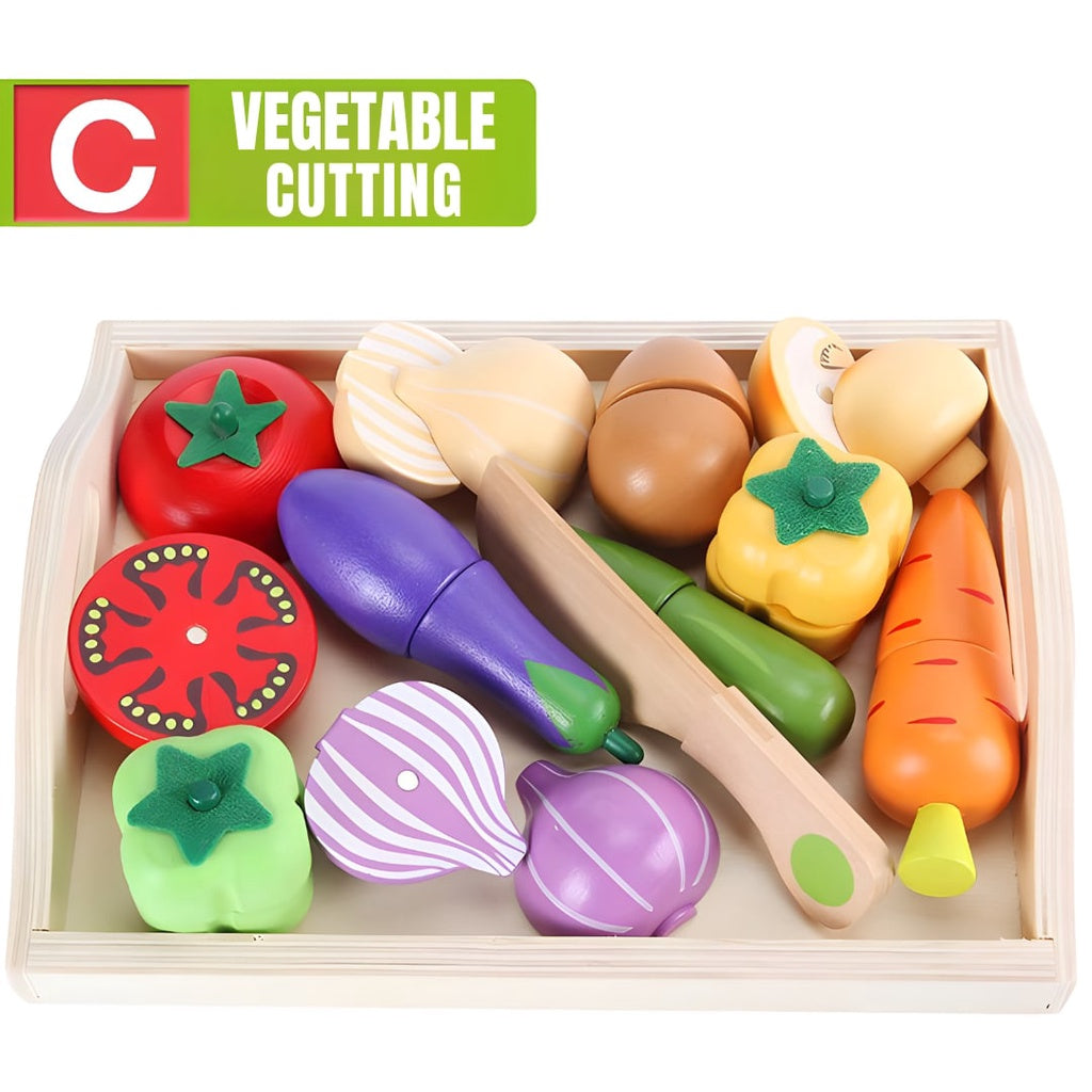 Wooden Cutting with Tray Food Sets Toys for Kids Pretend Play by WISHLAND