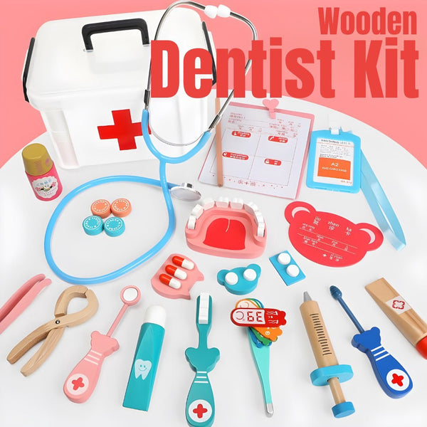 Wooden Doctor and Dentist Kit with Stethoscope for Kids Pretend Play by WISHLAND