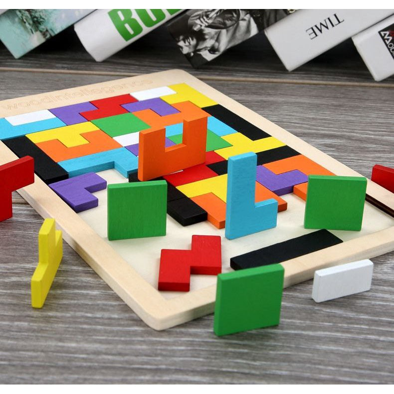 Wooden Puzzle Tetris Intelligence Brain Games Building Blocks for Kids by WISHLAND